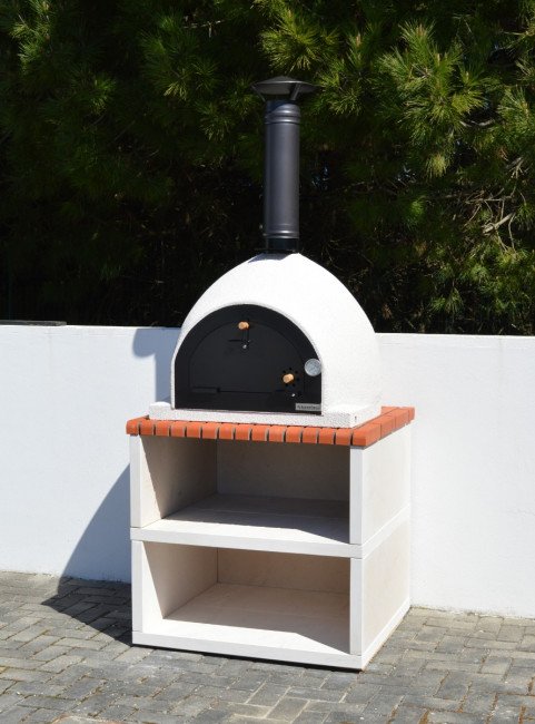 Royal wood fired pizza oven in white on a base with two shelves